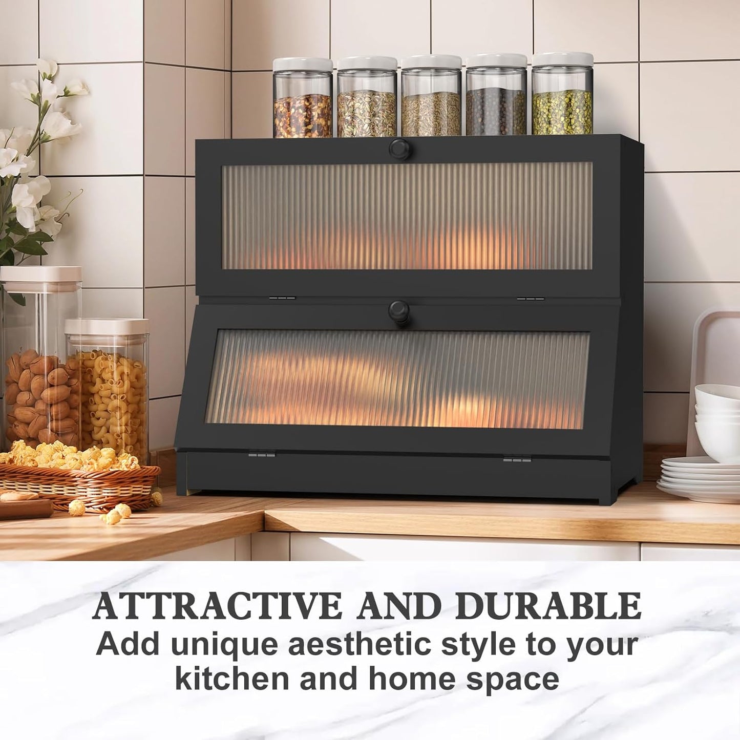 Double Layer Bamboo Bread Box for Kitchen Counter-Large Capacity Bread Storage