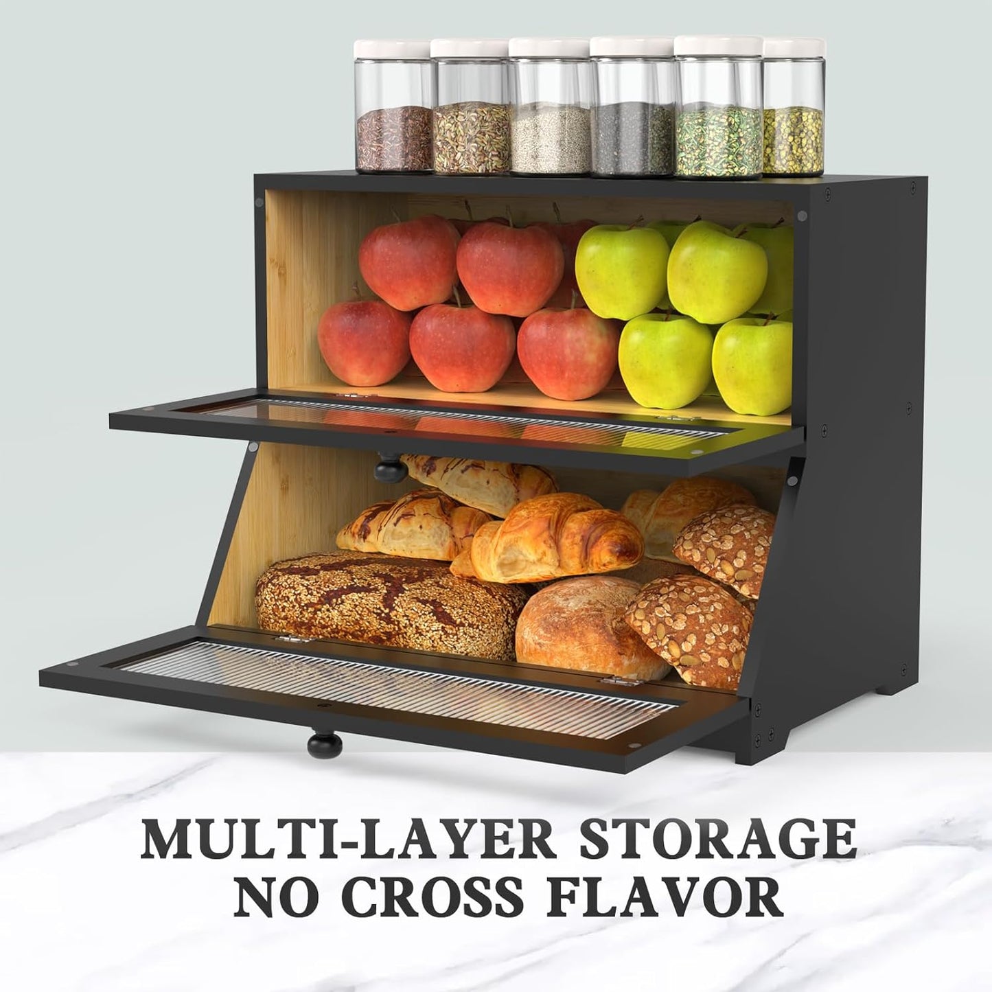Double Layer Bamboo Bread Box for Kitchen Counter-Large Capacity Bread Storage