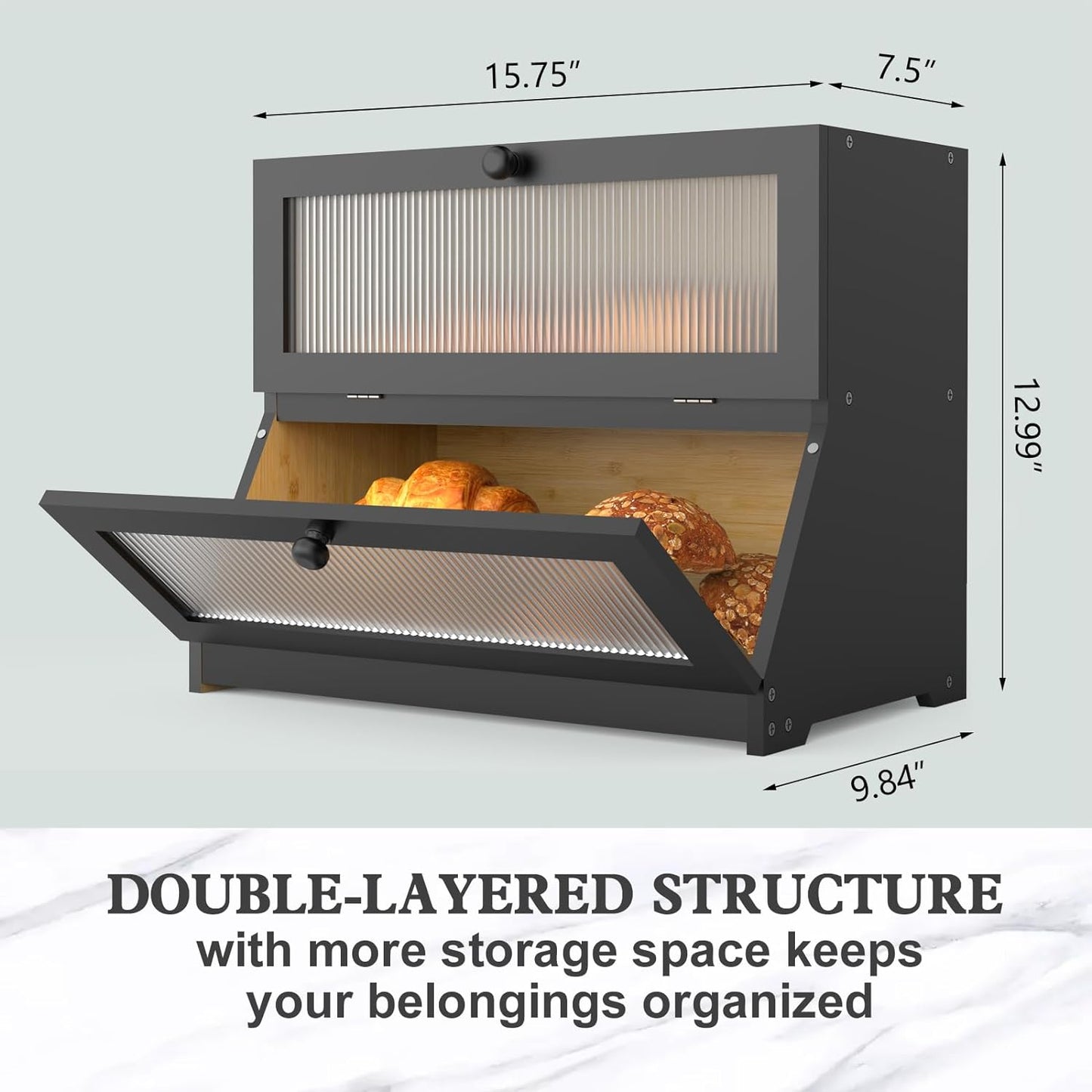 Double Layer Bamboo Bread Box for Kitchen Counter-Large Capacity Bread Storage