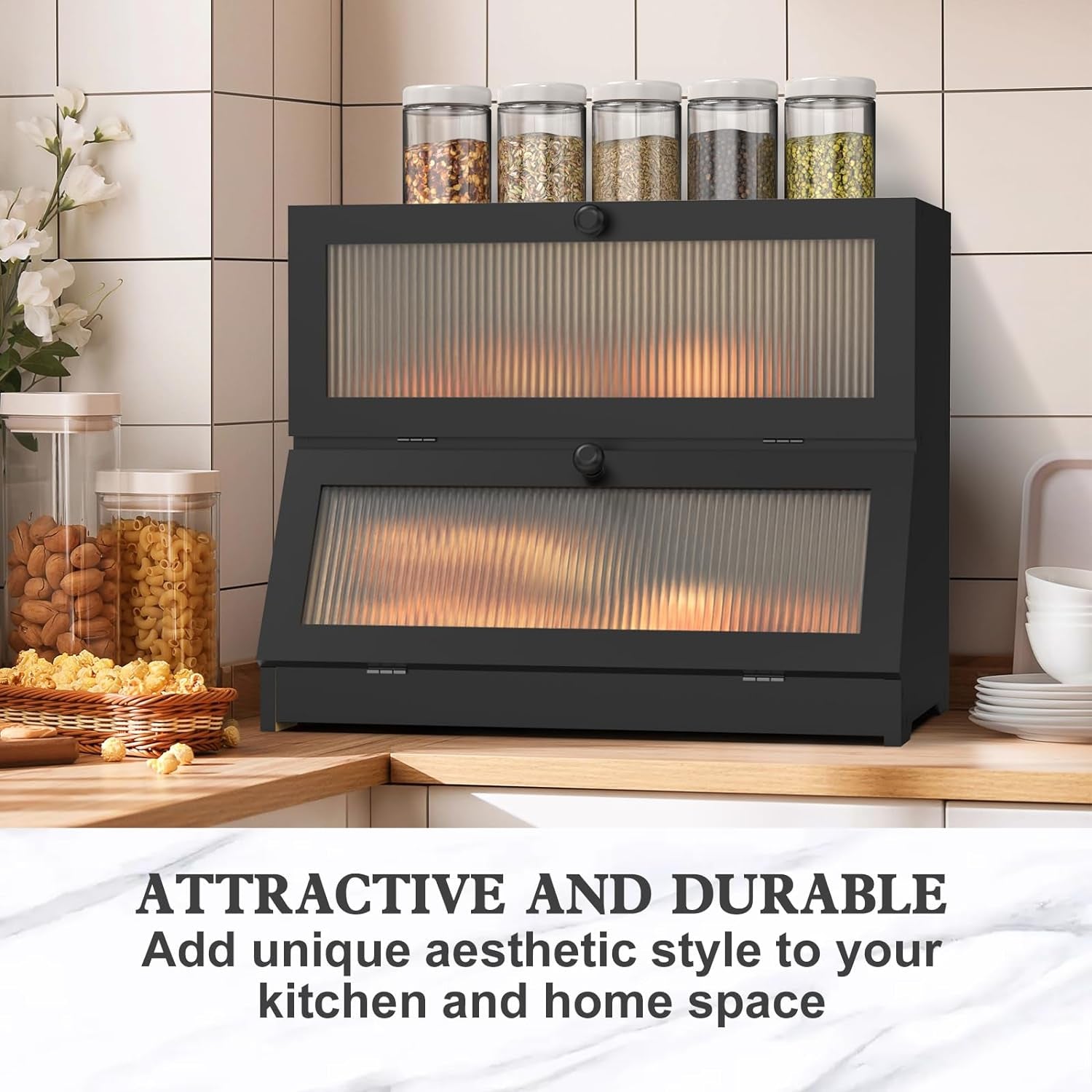 Double Layer Bamboo Bread Box for Kitchen Counter-Large Capacity Bread Storage