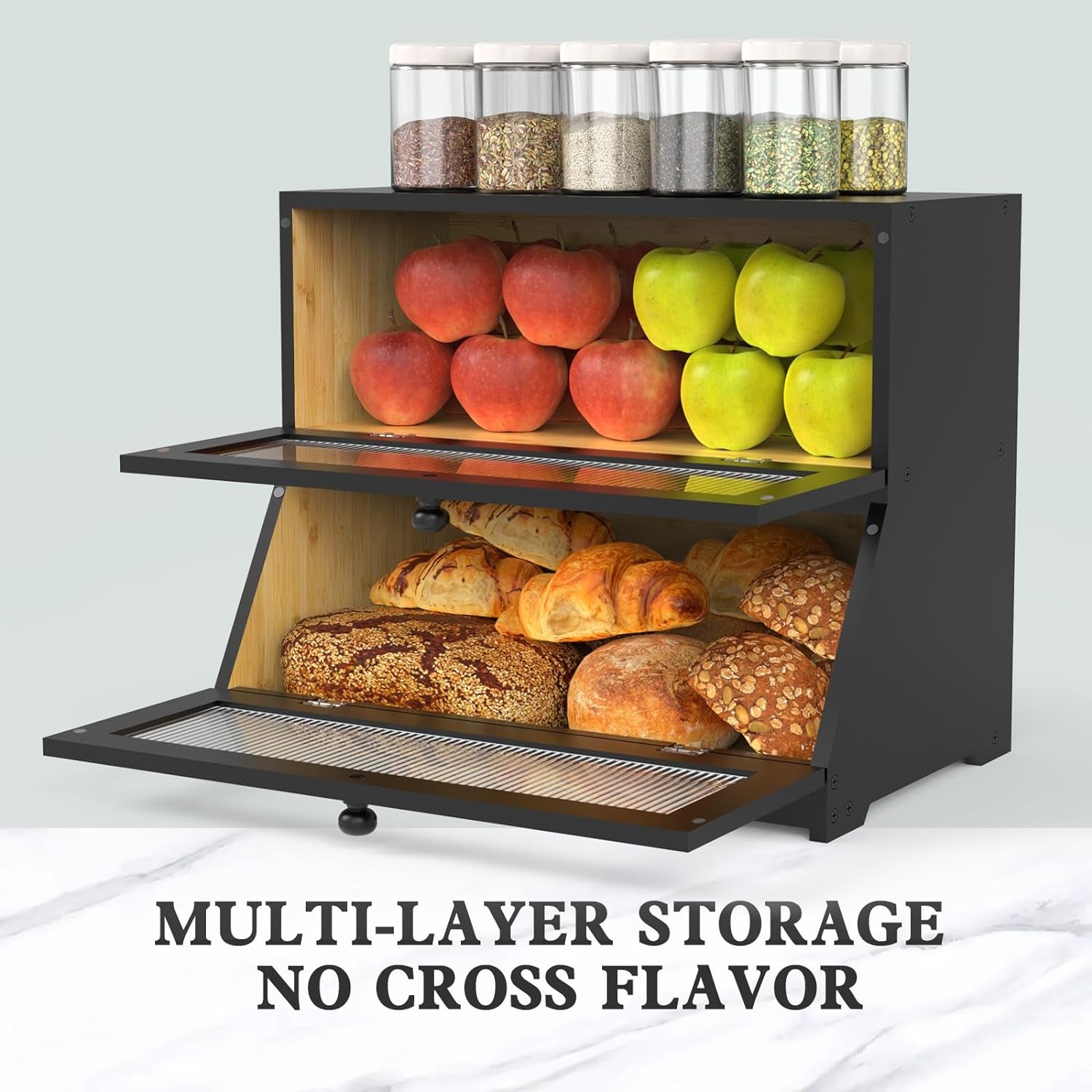 Double Layer Bamboo Bread Box for Kitchen Counter-Large Capacity Bread Storage